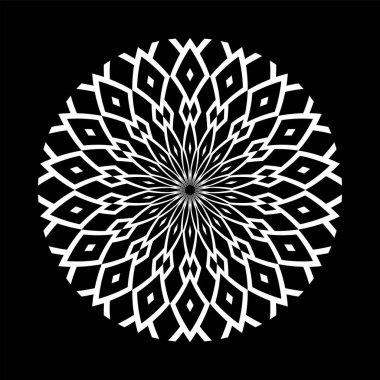 Siyah arkaplanda soyut dekoratif geometrik daire şeklinde beyaz desen. Vektör sanatı.