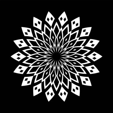 Siyah arkaplanda soyut dekoratif geometrik daire şeklinde beyaz desen. Vektör sanatı.