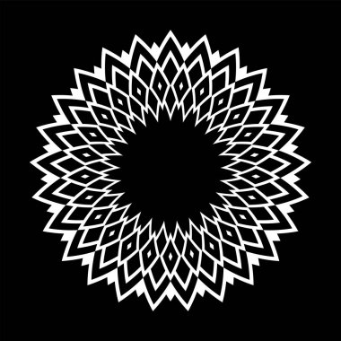 Siyah arkaplanda soyut dekoratif geometrik daire şeklinde beyaz desen. Vektör sanatı.