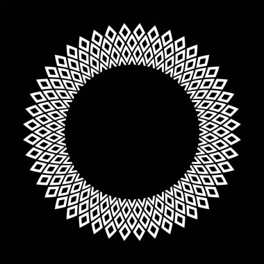 Siyah arkaplanda dekoratif geometrik daire şeklinde beyaz desen. Yuvarlak çerçeve. Vektör sanatı.