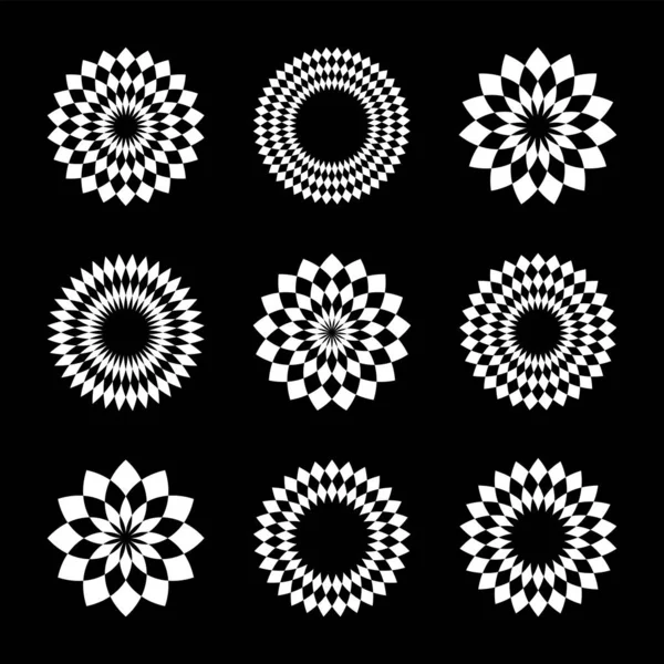 抽象幾何学的円パターン 黒の背景に白のデザイン要素 ベクトルアート — ストックベクタ