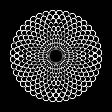 Siyah arkaplanda soyut dekoratif daire şeklinde beyaz desen. Vektör sanatı.