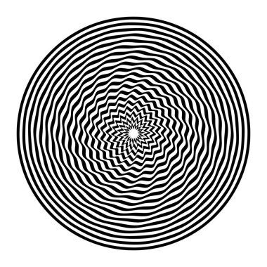 Soyut çember dalgalı çizgiler, kıvrımlı hareket illüzyonu etkisi. Soyut operasyon sanat tasarımı. Vektör illüstrasyonu.