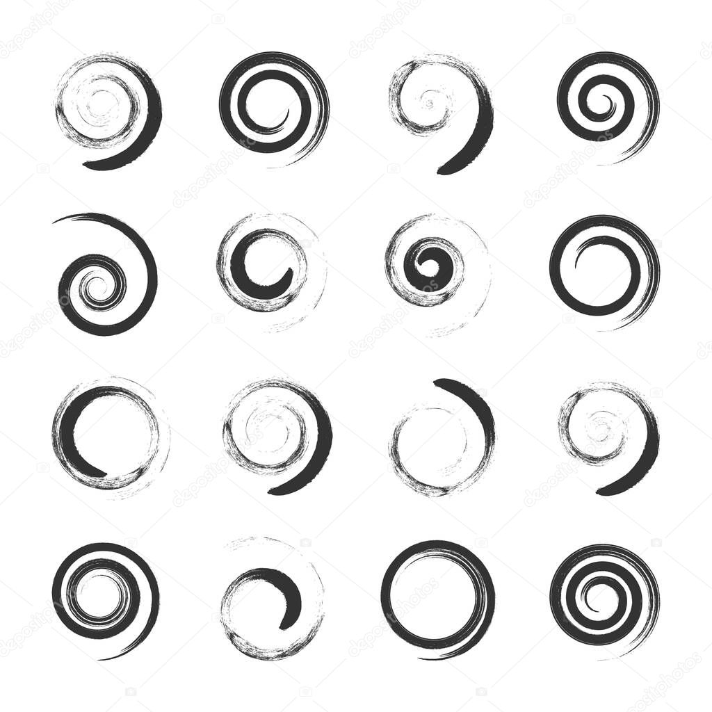 Abstract spiral swirl design elements with brush stroke effect. Vector art.