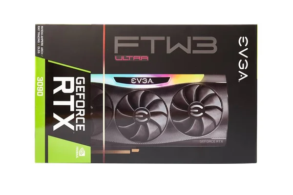 Scatola GPU EVGA Geforce RTX 3090 Nvidia, isolata su bianco Fotografia Stock