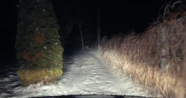 Köra i snö på natten på landsbygden spår — Stockvideo