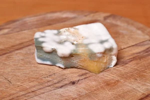 Expired moldy piece of cheese on a wooden cutting board, mold growing