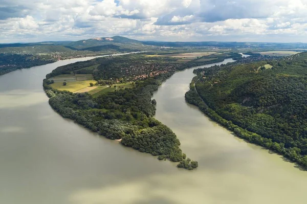 Donau Flod Landskap Med Spetsen Szentende Island Vid Kisoroszi Antenn — Stockfoto