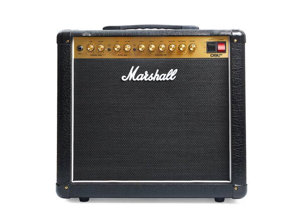 Budapest, Hungary - Circa 2021: Marshall guitar combo amplifier isolated on white background, classic vintage rock sound. DSL20c tube amp