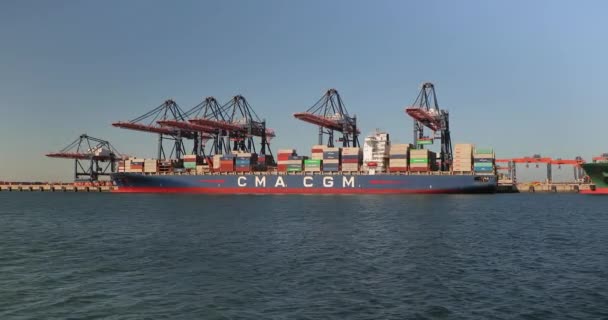 Laadcontainers op een schip — Stockvideo