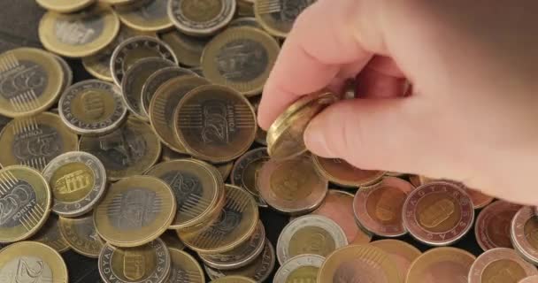 Münzen in einem Haufen, ungarische Forint, die Hand nehmend — Stockvideo