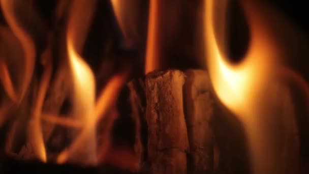 Flammen eines Kamins aus nächster Nähe auf Baumstämme — Stockvideo