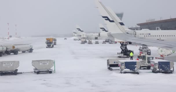 芬兰赫尔辛基 2022年 飞机地面装卸 赫尔辛基万塔国际机场运营 大雪汹涌 天气寒冷 暴风雨 — 图库视频影像