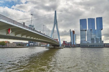 Rotterdam, Hollanda - 2019 Çemberi: Erasmus Köprüsü ve yüksek ofis binalarıyla Rotterdam manzarası