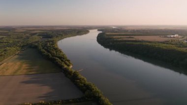River Danube aerial drone view. Wide river plains landscape in Hungary