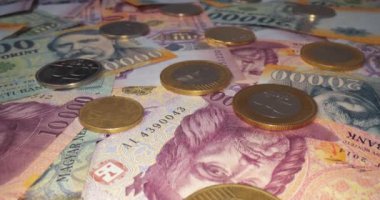 Para yığını ve metal paralar Macar forinti, 20000 10000. 5000, sürgülü hareket.