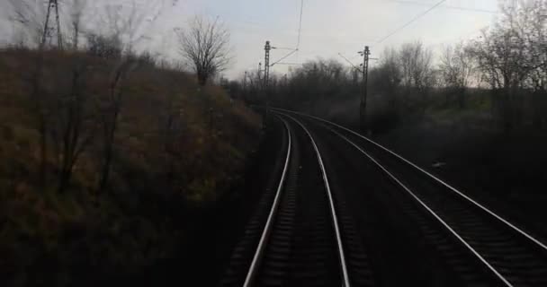 Train Journey Point View Back Last Wagon Railway Trip Turning — Stockvideo