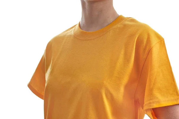 Mujer Camiseta Color Amarillo Brillante Blanco Ajuste Suelto Fondo Blanco —  Fotos de Stock