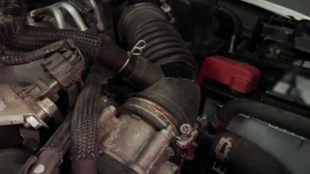 エンジンベイ内にプローブマクロレンズを搭載した車のエンジン部品 — ストック動画
