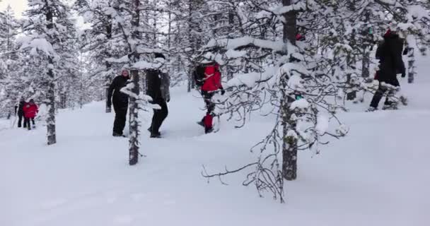 芬兰Saariselka Circa 2022 在芬兰拉普兰的雪地冬季小径上 在北极圈以外的雪地上徒步旅行 雪鞋探险 — 图库视频影像