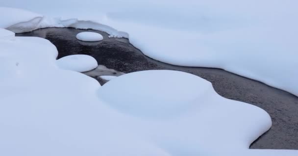 Зимняя Вода Течет Заснеженной Холодной Земле — стоковое видео