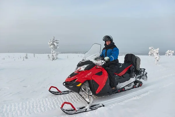 Riding Snowmobile Finland Female Rider Arctic Circle — Stock Photo, Image