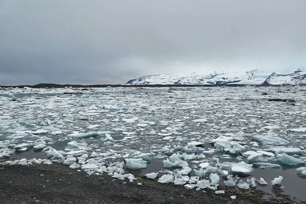 Glacial Sjö Jokulsarlon Med Flytande Isberg Dystert Väder — Stockfoto