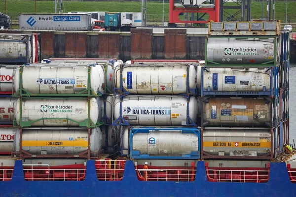Rotterdam Netherlands Circa 2015 Gas Liquid Vhemical Tanks Arriving Ship — Stock Photo, Image