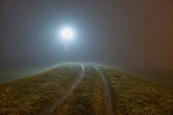 遠くのランプと夜の霧の公園道路 霧の中で低視認性 — ストック写真