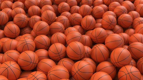バスケットボールのボールの背景 パイルに横に現実的なディンプルテクスチャを持つ多くのオレンジ色のバスケットボールボール 3Dレンダリング — ストック写真