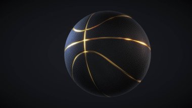 Siyah basketbol topu, altın renkli parlak çizgiler ve koyu arka planda izole edilmiş gamze dokusu. Futuristik spor konsepti. 3d oluşturma