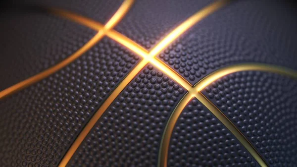 バスケットボールの背景 金色の輝く線とディンプルテクスチャと黒のバスケットボールボールのクローズアップ フィールドの深さ 3Dレンダリング — ストック写真