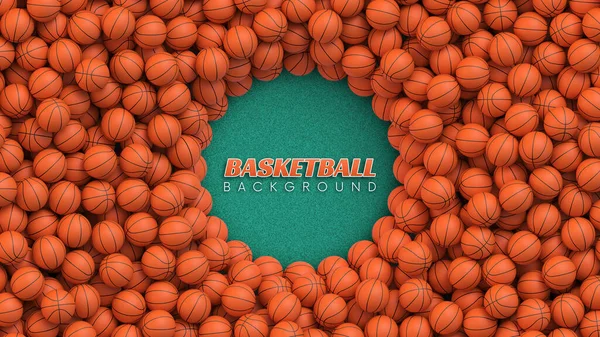 バスケットボールのボールの背景 コートのゴム製の床に多くのオレンジ色のバスケットボールボール 現実的なベクトル背景 — ストックベクタ