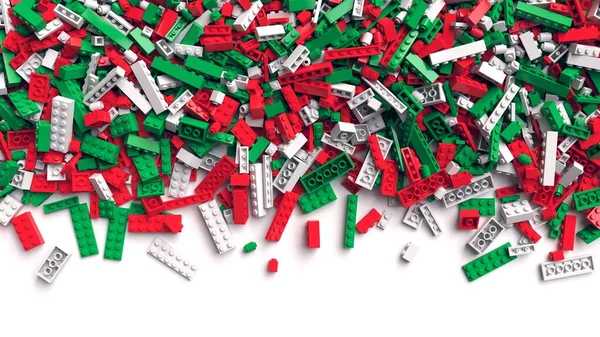 伝統的なクリスマスカラーのおもちゃのレンガ 白い背景に隔離された赤緑と白のおもちゃのレンガの山 子供のための教育玩具 3Dレンダリング — ストック写真