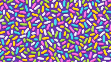 Pembe donut parlatıcısının kusursuz deseni ve bir sürü renkli dekoratif serpinti düz stil. Vektör arkaplanı