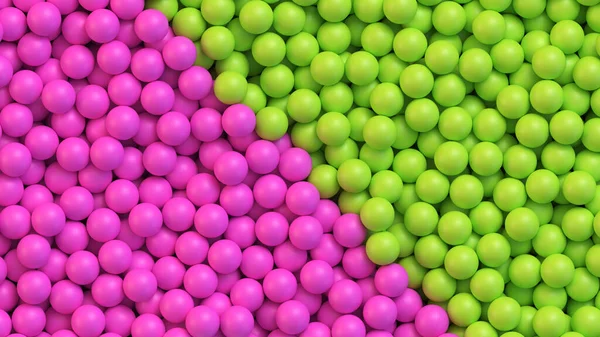 ピンクと緑のボールの背景 カラフルなボールを持つ抽象的な背景は2色に斜めに分かれています 現実的なベクトル背景 — ストックベクタ