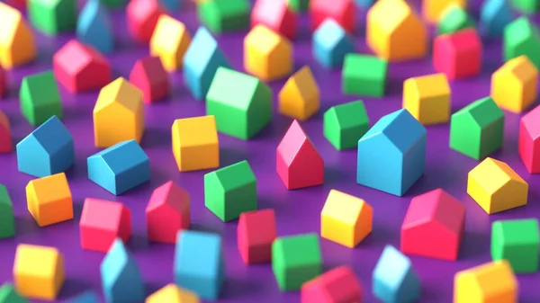 Muchas Casas Juguetes Miniatura Colores Fondo Con Poca Profundidad Campo — Foto de Stock