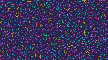 Farklı şekillerde çizgileri olan renkli geometrik desen. Memphis tarzı moda. Vektör arkaplanı