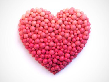 Beyaz arka planda izole edilmiş kalp şeklinde pembe toplar. Sevgililer Günü arkaplanında taşaklardan yapılmış kırmızı kalp var. Vektör illüstrasyonu