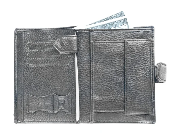 白い背景の上の男性の黒革の財布を開く — ストック写真