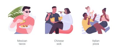 Sokak yemekleri izole edilmiş çizgi film vektör çizimleri.