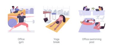 Modern ofisteki eğlence tesisleri izole edilmiş çizgi film vektör çizimleri ayarlandı.