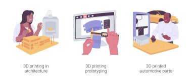 Ticari izole çizgi film vektör çizimlerinde 3D yazdırma ayarlandı.