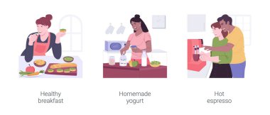 Sağlıklı kahvaltı izole edilmiş çizgi film vektör çizimleri.