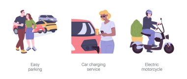 Elektrikli araba izole edilmiş çizgi film vektör çizimleri.