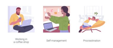 Serbest çalışma organizasyonu izole edilmiş çizgi film vektör çizimleri.