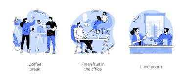 Ofisteki yiyecekler karikatür vektör çizimlerini gösteriyor.