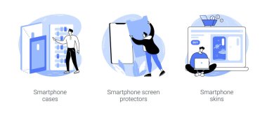 Akıllı telefon koruma aksesuarları karikatür vektör çizimleri ayarlandı. Akıllı telefon kılıfları ve ekran koruyucuları, özel telefon kılıfları, aksesuarlar yenilik sektörü vektör karikatürü.