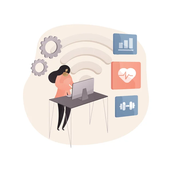 以健康为重点的Iot课桌抽象概念向量说明 Iot写字台 身体活动跟踪 工作效率 注重健康的环境 员工福利抽象隐喻 — 图库矢量图片
