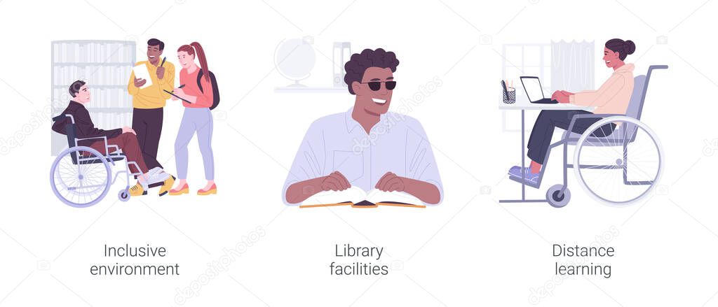 Accessibility and inclusion in education isolated cartoon vector illustrations set. Inclusive environment, library facilities, university distance learning, special education process vector cartoon.